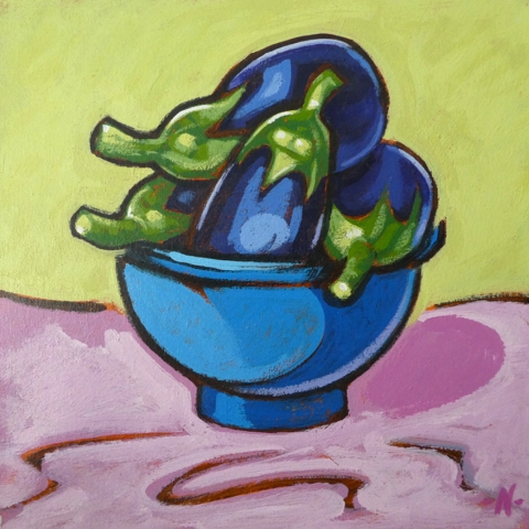 Aubergines in Blue Bowl
